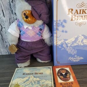 Vintage Robert Raikes BEARS Arnold Golfer Wooden Face Teddy - Box and COA 1986